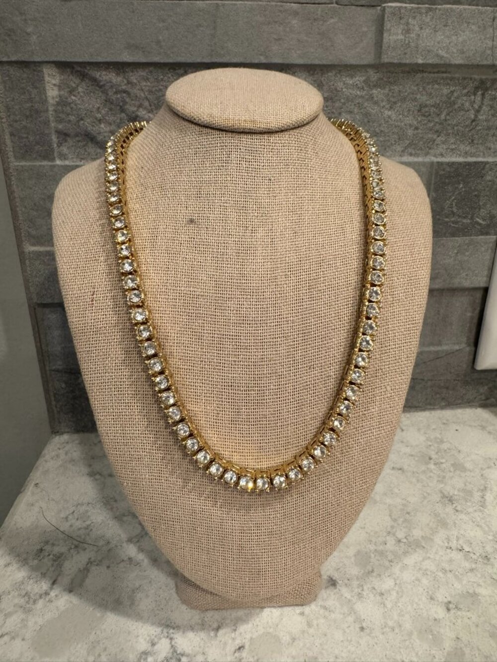 Clear Rhinestone and Gold Tone Tennis Necklace - 16" length